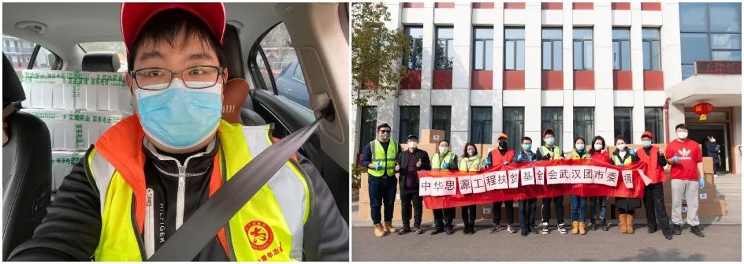 左圖：10輛轎車后座和后備箱堆滿了菜，出發送給社區；右圖：各位志愿者協助接收消毒防護物資